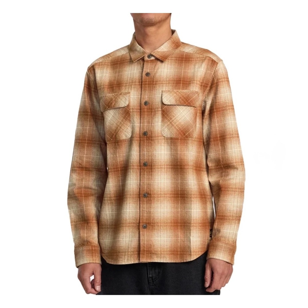 NWT RVCA Mens S Orange Brown Plaid Flannel Long Sleeve Button Down
